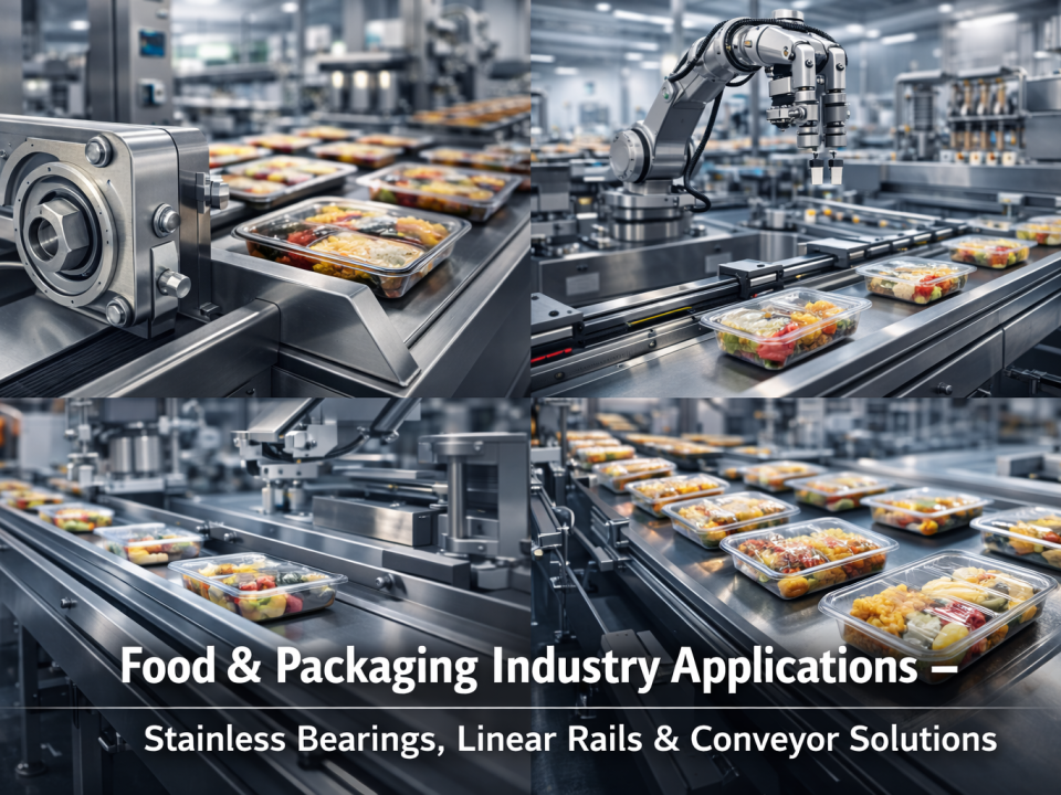 Stainless steel bearings and conveyor systems used in food and packaging industry automation