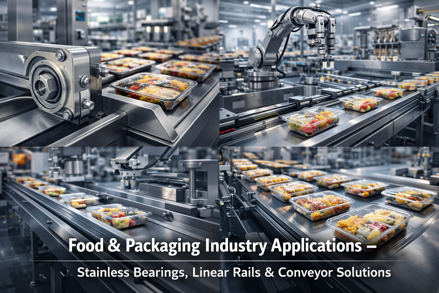 Stainless steel bearings and conveyor systems used in food and packaging industry automation