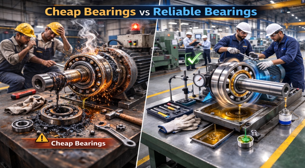 Comparison of cheap bearings and reliable bearings in industrial machinery