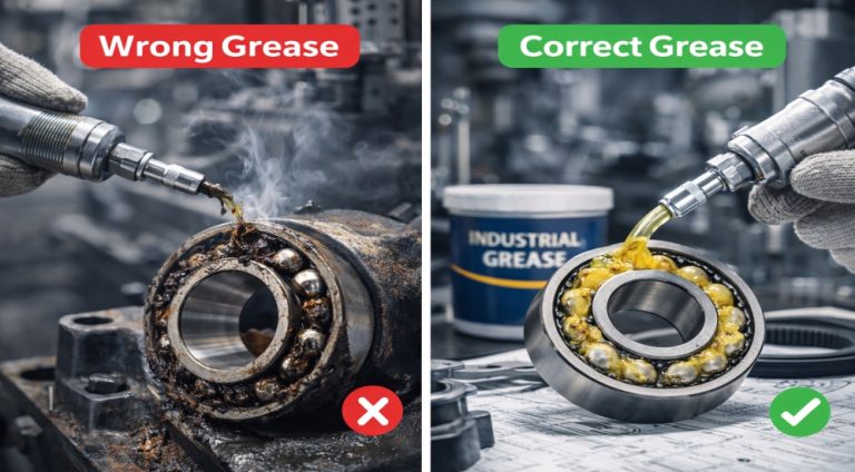 Technician applying industrial grease for bearings in manufacturing machinery at an industrial plant in Pune Maharashtra India