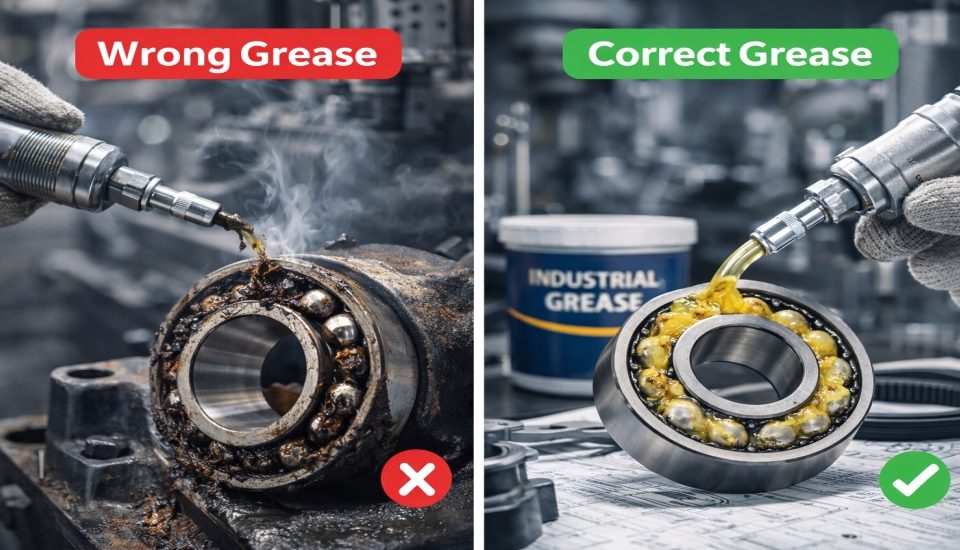 Technician applying industrial grease for bearings in manufacturing machinery at an industrial plant in Pune Maharashtra India