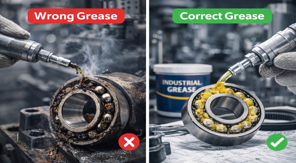 Technician applying industrial grease for bearings in manufacturing machinery at an industrial plant in Pune Maharashtra India