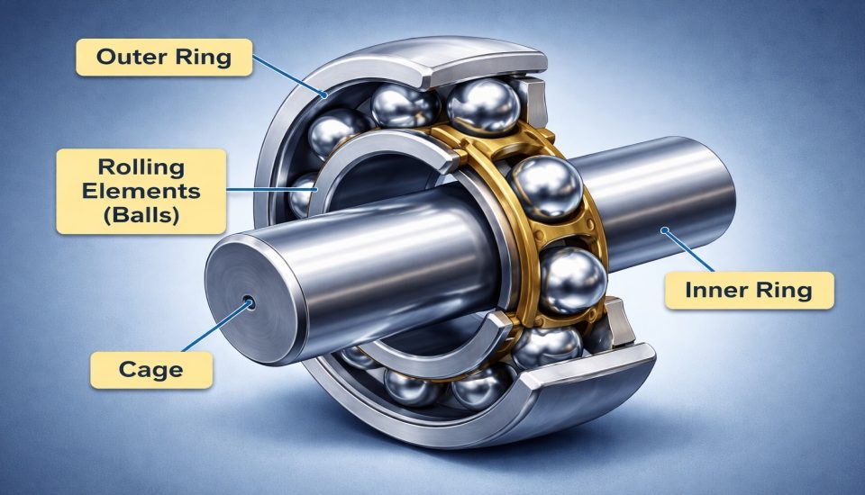 Ball bearings used in industrial machinery to reduce friction