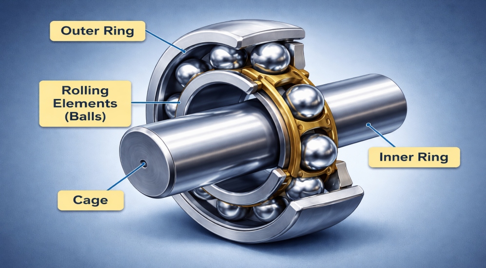 Ball bearings used in industrial machinery to reduce friction