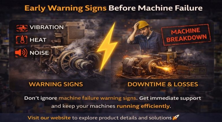 Machine failure warning signs like vibration, heat, and noise in industrial machines indicating potential breakdown