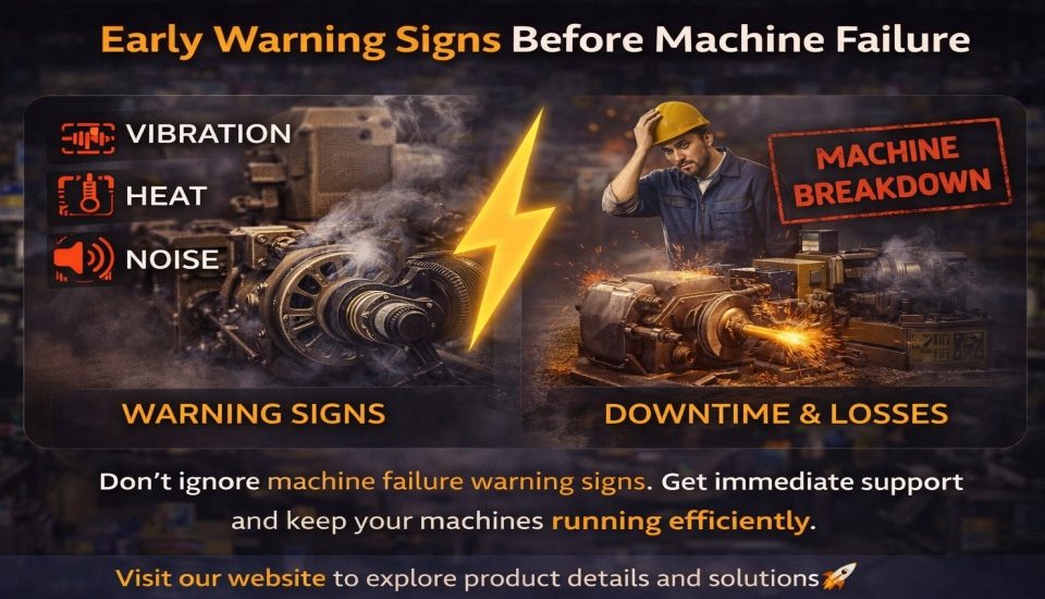 Machine failure warning signs like vibration, heat, and noise in industrial machines indicating potential breakdown