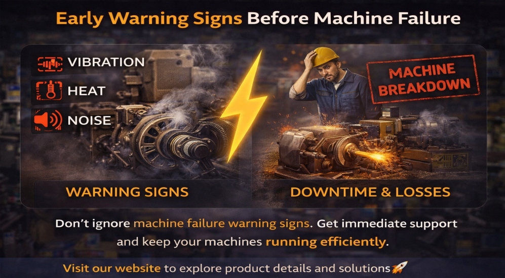 Machine failure warning signs like vibration, heat, and noise in industrial machines indicating potential breakdown