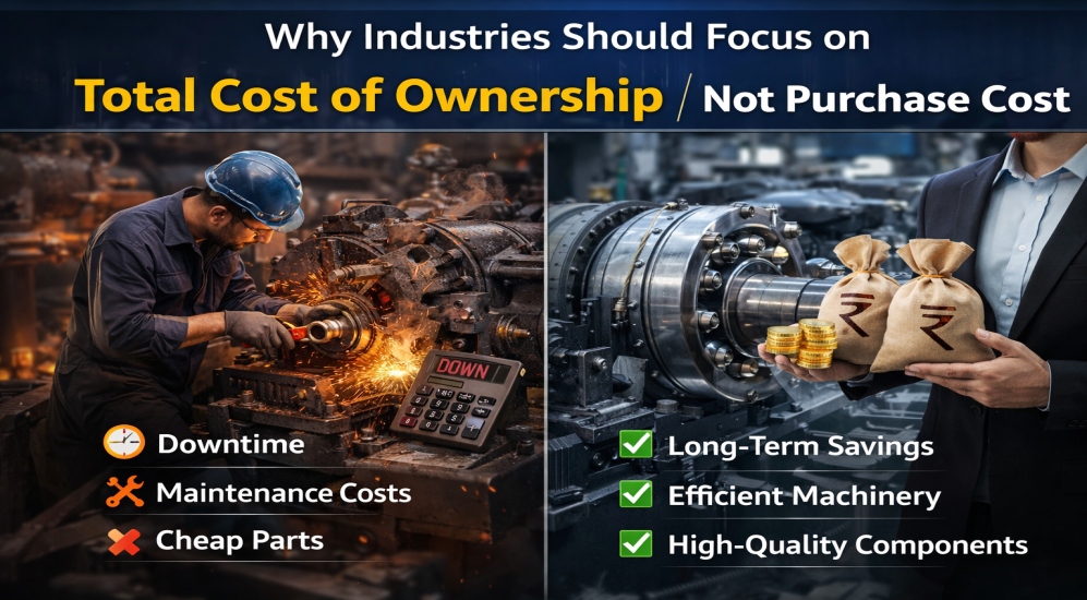 Comparison of total cost of ownership vs purchase cost in industrial machinery showing long-term savings and reduced downtime