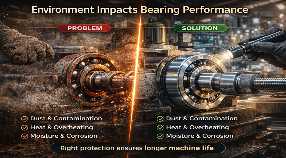 Environmental conditions on bearing performance showing dust, heat, and moisture affecting industrial bearings