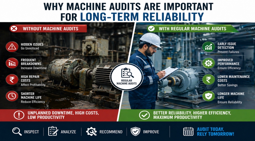 Machine audits for long-term reliability showing engineer inspecting industrial machinery