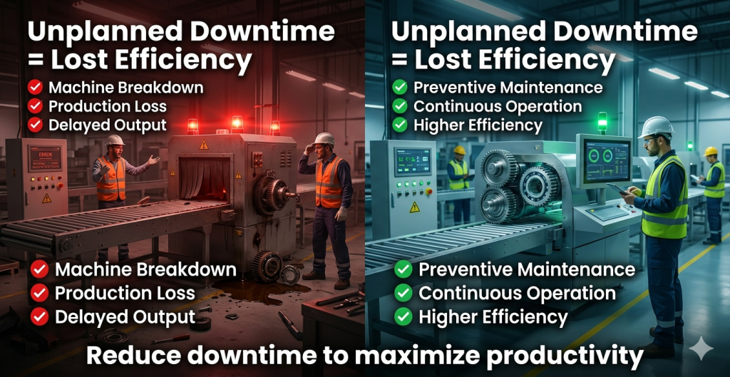 Unplanned downtime in equipment efficiency showing stopped machines and production loss in factory