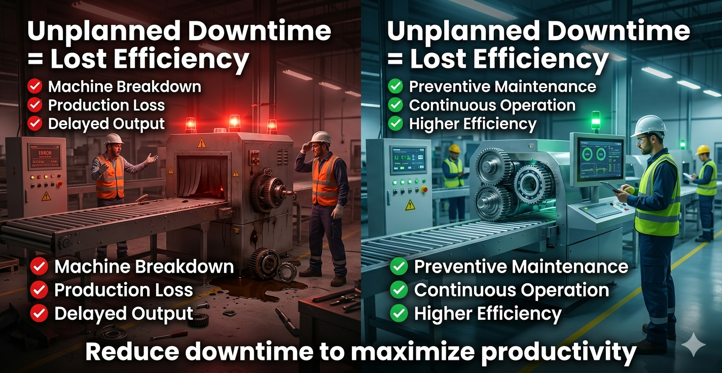 Unplanned downtime in equipment efficiency showing stopped machines and production loss in factory