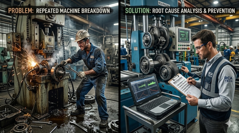 Root cause analysis failures showing engineer identifying machine breakdown cause