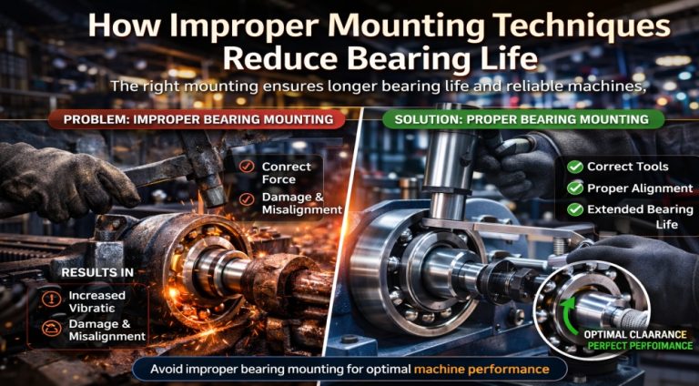 Improper bearing mounting techniques causing misalignment, damage, and reduced bearing life in industrial machines
