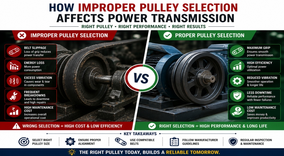 Improper pulley selection causing belt slippage and power loss in industrial machine