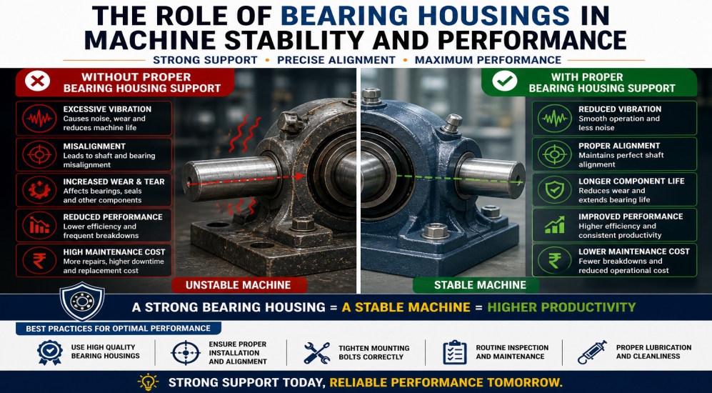 Bearing housing stability supporting shaft alignment and reducing vibration in industrial machine