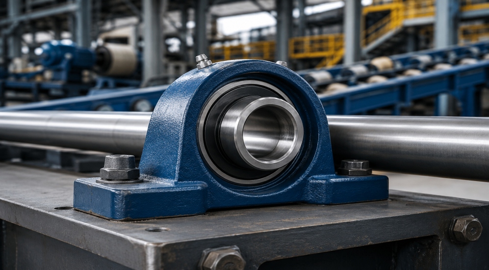 Blue pillow block bearing mounted on industrial machinery shaft in a manufacturing facility, supporting heavy-duty industrial operations.