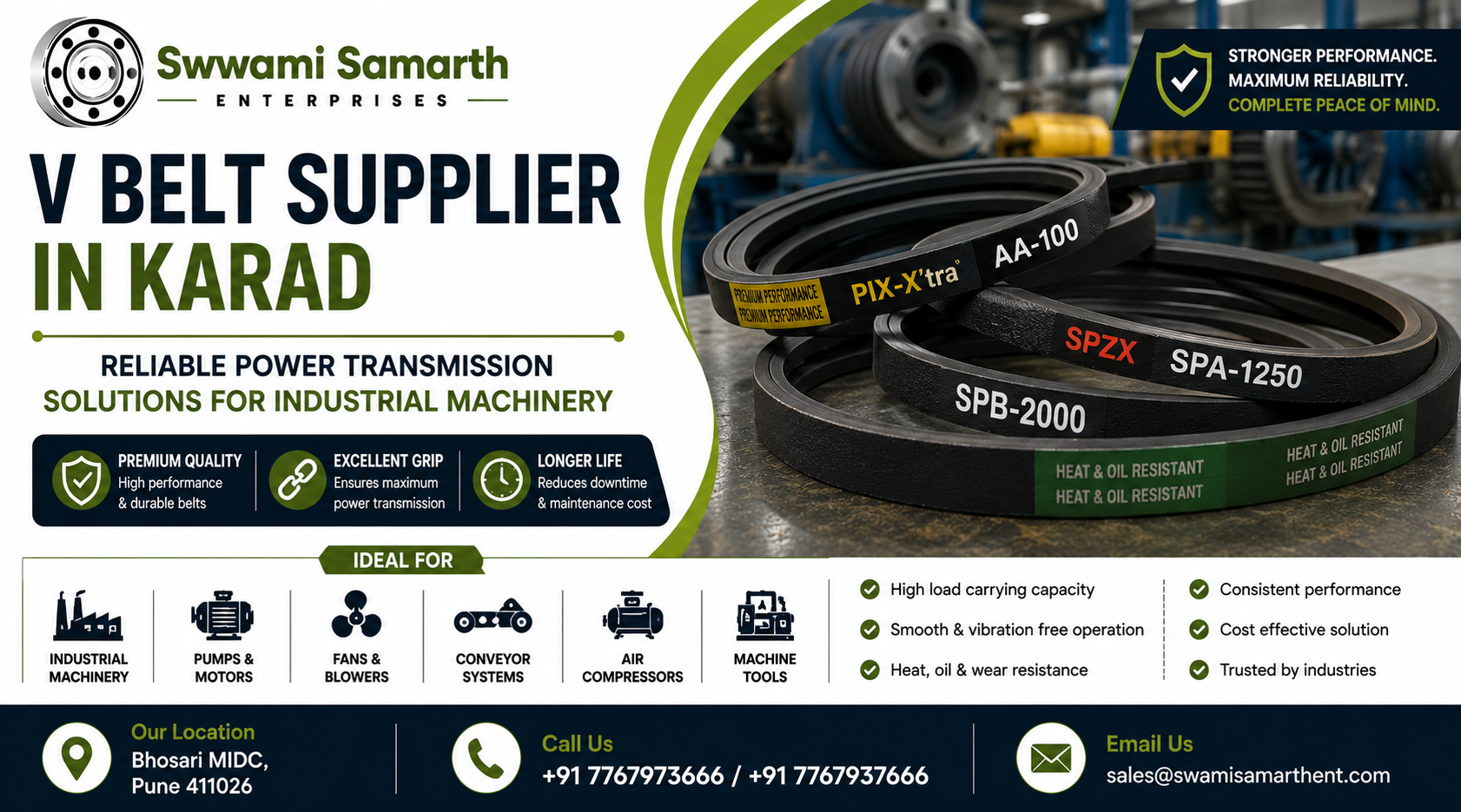 Industrial V belts and power transmission products supplied for manufacturing and machinery applications in Karad.