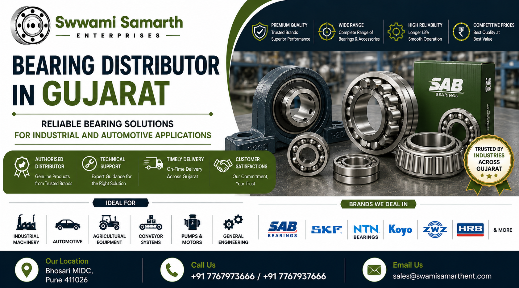 Industrial and automotive bearings supplied by a bearing distributor for manufacturing and engineering applications in Gujarat.