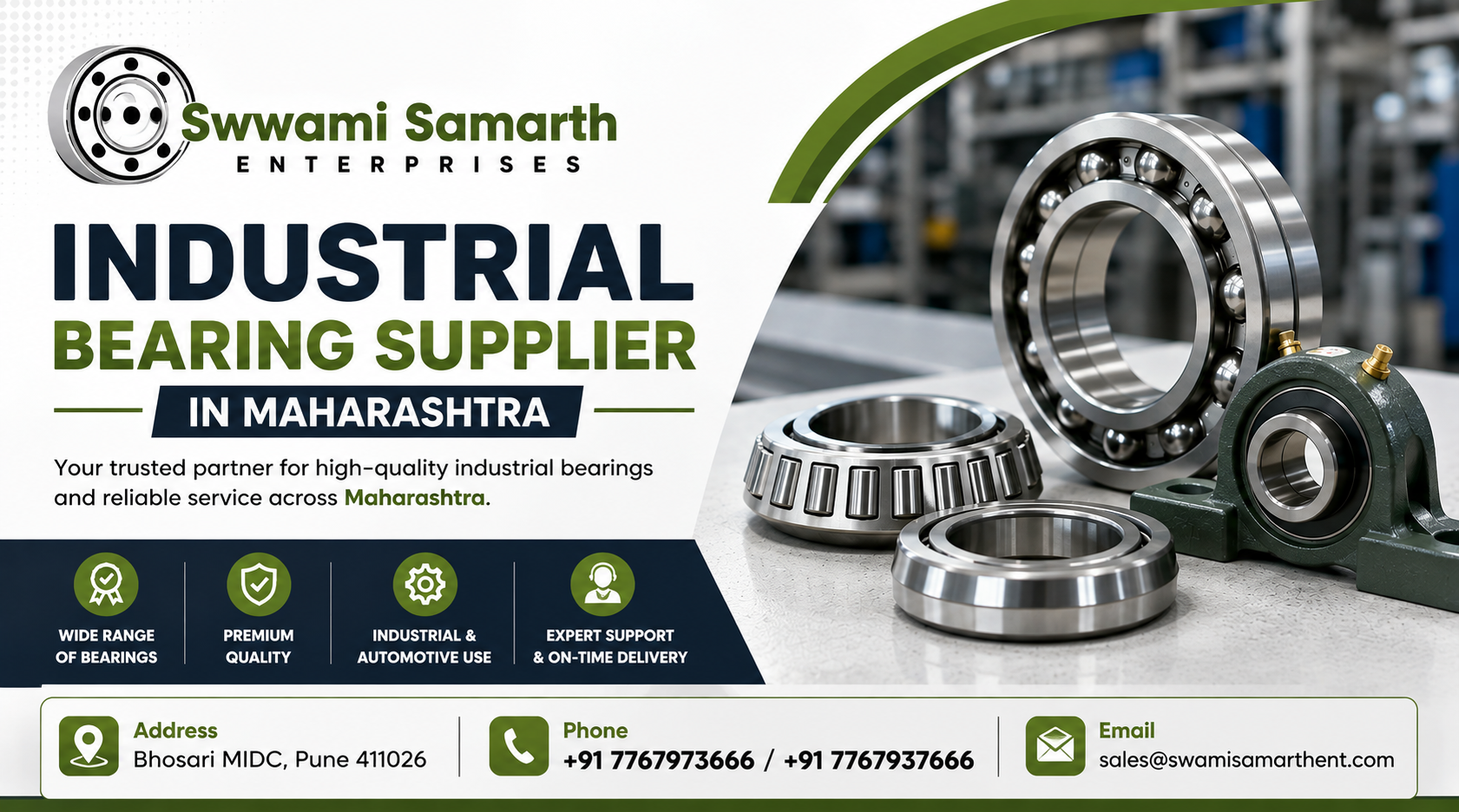 Industrial bearings, automotive bearings, bearing accessories, and power transmission products supplied by a trusted bearing supplier in Maharashtra.